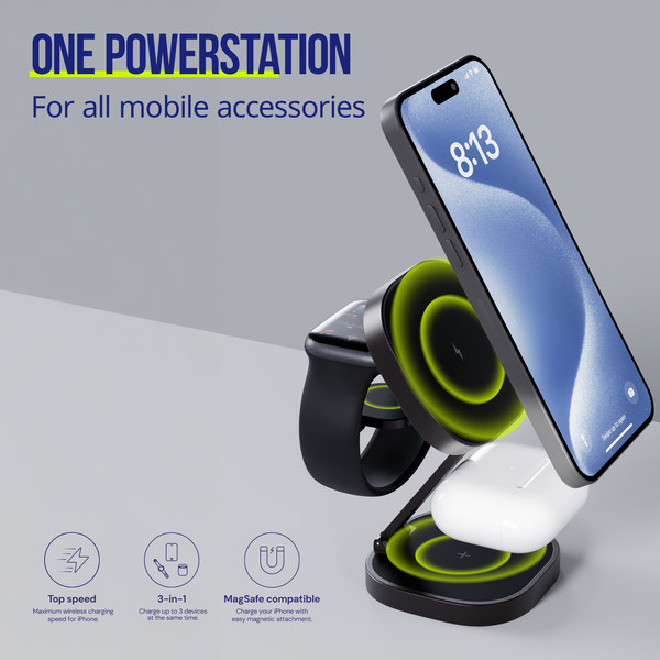 Elegantna polnilna postaja 3v1 za Apple naprave