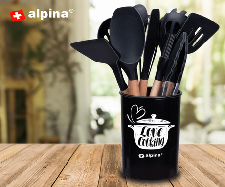 ALPINA komplet 12 kuhinjskih pripomočkov, 12 kos, silikon, lesen ročaj, + držalo, črna