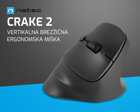 Natec CRAKE 2 vertikalna brezžična miška, 2400DPI, ergonomska, Bluetooth / USB 2.4GHz, 6 gumbov, za desničarje, 1x AA baterija, črna