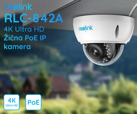 EOL - Kamera Reolink RLC-842A, 4K Ultra HD, PoE, zaznavanje oseb / vozil, 5x optični zoom, IR nočno snemanje, snemanje zvoka, aplikacija, IP66 vodoodpornost, bela