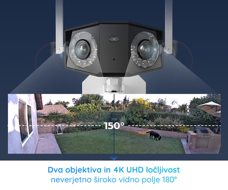 Reolink DUO 2 WiFi IP kamera, dva objektiva, 4K Ultra HD, WiFi, 180° smenalni kot, IR nočno snemanje, LED reflektorji, aplikacija, IP66 vodoodpornost, dvosmerna komunikacija, bela
