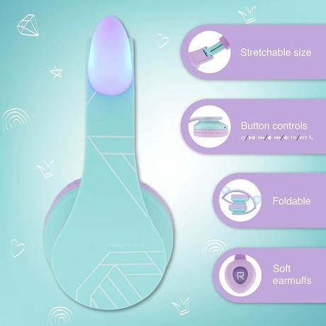 PowerLocus P2 KIDS brezžične naglavne slušalke, otroške, Bluetooth, polnilna baterija, do 15 ur, LED osvetlitev, zložljive, USB Type-C, AUX, +torbica, vijolične