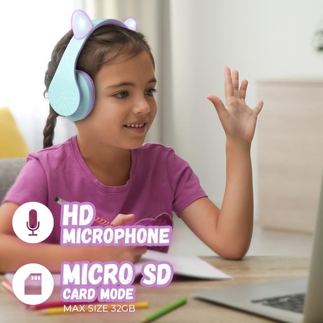 PowerLocus P2 KIDS brezžične naglavne slušalke, otroške, Bluetooth, polnilna baterija, do 15 ur, LED osvetlitev, zložljive, USB Type-C, AUX, +torbica, vijolične