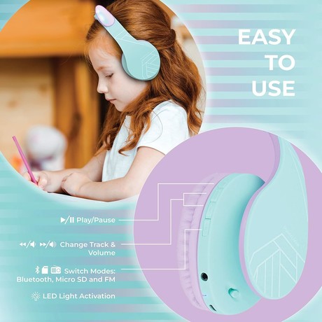 PowerLocus P2 KIDS brezžične naglavne slušalke, otroške, Bluetooth, polnilna baterija, do 15 ur, LED osvetlitev, zložljive, USB Type-C, AUX, +torbica, vijolične