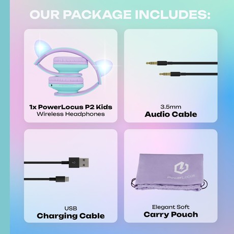 PowerLocus P2 KIDS brezžične naglavne slušalke, otroške, Bluetooth, polnilna baterija, do 15 ur, LED osvetlitev, zložljive, USB Type-C, AUX, +torbica, vijolične