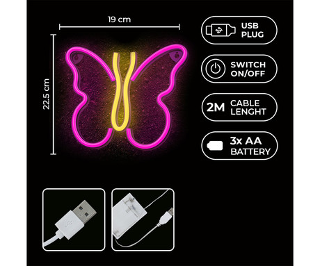 FOREVER Butterfly NEON LED luč, dekorativna, LED tehnologija, napajanje na USB ali 3x AA baterije, stikalo za vklop / izklop, 200cm kabel, vijolična, rumena