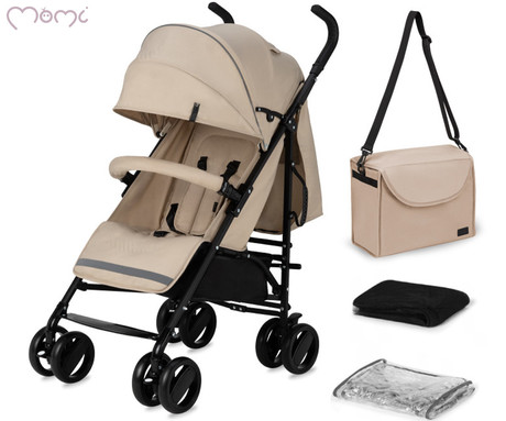 MoMi AKIRA otroški voziček, zložljiv, nastavljiv, streha z oknom, 5-točkovni varnostni pas, košara, torba, trpežna EVA kolesa, nožna zavora, +dodatki, 102.5x80x51cm, bež-črn