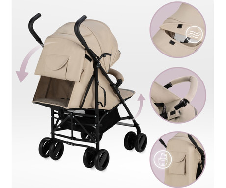MoMi AKIRA otroški voziček, zložljiv, nastavljiv, streha z oknom, 5-točkovni varnostni pas, košara, torba, trpežna EVA kolesa, nožna zavora, +dodatki, 102.5x80x51cm, bež-črn