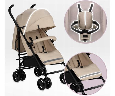 MoMi AKIRA otroški voziček, zložljiv, nastavljiv, streha z oknom, 5-točkovni varnostni pas, košara, torba, trpežna EVA kolesa, nožna zavora, +dodatki, 102.5x80x51cm, bež-črn