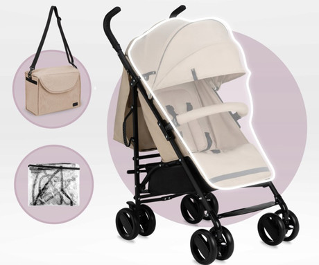 MoMi AKIRA otroški voziček, zložljiv, nastavljiv, streha z oknom, 5-točkovni varnostni pas, košara, torba, trpežna EVA kolesa, nožna zavora, +dodatki, 102.5x80x51cm, bež-črn