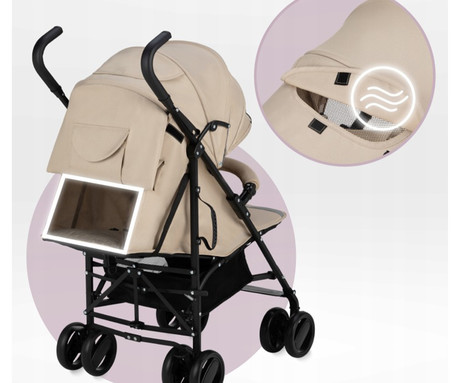 MoMi AKIRA otroški voziček, zložljiv, nastavljiv, streha z oknom, 5-točkovni varnostni pas, košara, torba, trpežna EVA kolesa, nožna zavora, +dodatki, 102.5x80x51cm, bež-črn