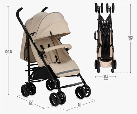 MoMi AKIRA otroški voziček, zložljiv, nastavljiv, streha z oknom, 5-točkovni varnostni pas, košara, torba, trpežna EVA kolesa, nožna zavora, +dodatki, 102.5x80x51cm, bež-črn