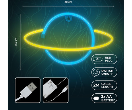 FOREVER Saturn NEON LED luč, dekorativna, LED tehnologija, napajanje na USB ali 3x AA baterije, stikalo za vklop / izklop, 200cm kabel, modra, rumena