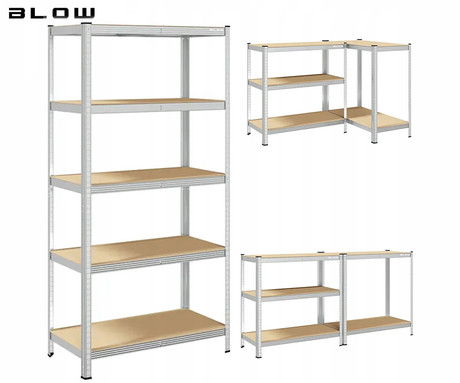 BLOW RACK kovinski regal, 180x90x40cm, 5 polic, 900kg nosilnost, modularna oblika, nastavljiva višina polic, shranjevanje vseh vrst stvari, MDF plošče, galvanizirano jeklo, srebrn