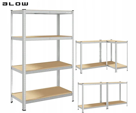 BLOW RACK kovinski regal, 150x75x30cm, 4 police, 600kg nosilnost, modularna oblika, nastavljiva višina polic, shranjevanje vseh vrst stvari, MDF plošče, galvanizirano jeklo, srebrn