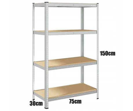 BLOW RACK kovinski regal, 150x75x30cm, 4 police, 600kg nosilnost, modularna oblika, nastavljiva višina polic, shranjevanje vseh vrst stvari, MDF plošče, galvanizirano jeklo, srebrn