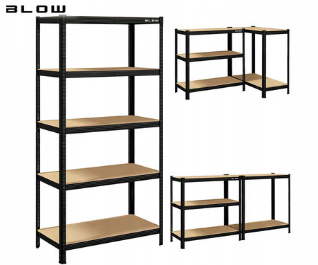 BLOW RACK kovinski regal, 180x90x40cm, 5 polic, 900kg nosilnost, modularna oblika, nastavljiva višina polic, shranjevanje vseh vrst stvari, MDF plošče, galvanizirano jeklo, črn