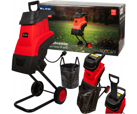 BLOW CHIPPER sekalnik / drobilnik vej, 2600W moč, premer rezanja do 45mm, za veje / listje / grmovje / ostanke rastlin, 45L vreča, enostavna uporaba, kolesa, robusten dizajn, +potiskalnik, črno-rdeč
