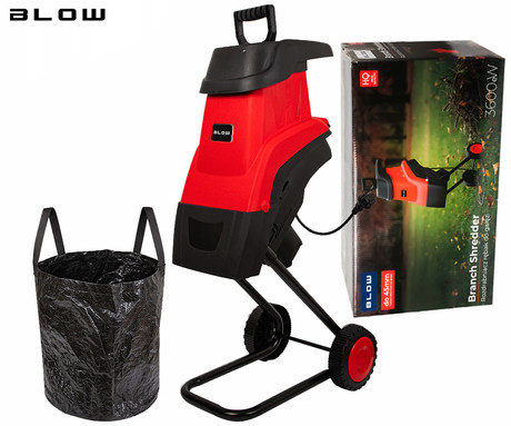 BLOW CHIPPER sekalnik / drobilnik vej, 2600W moč, premer rezanja do 45mm, za veje / listje / grmovje / ostanke rastlin, 45L vreča, enostavna uporaba, kolesa, robusten dizajn, +potiskalnik, črno-rdeč