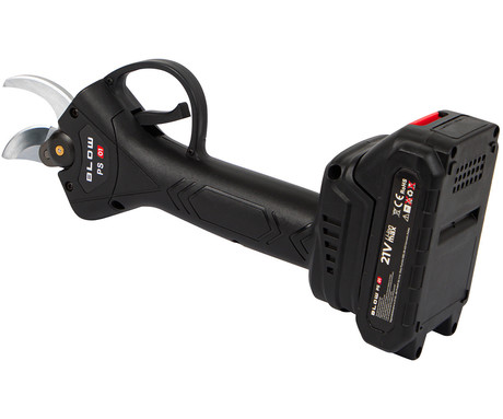 BLOW PS01 akumulatorske brezžične vrtne ročne škarje, 500W moč, brezkrtačni motor, 2x 50.4Wh 21V 2.4Ah polnilna baterija, do 28mm rezi, SK5 rezilo iz ogljikovega jekla, najlon, +dodatna oprema, črne