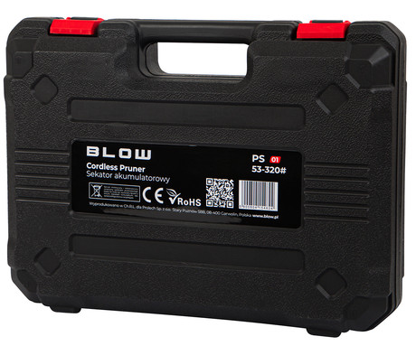 BLOW PS01 akumulatorske brezžične vrtne ročne škarje, 500W moč, brezkrtačni motor, 2x 50.4Wh 21V 2.4Ah polnilna baterija, do 28mm rezi, SK5 rezilo iz ogljikovega jekla, najlon, +dodatna oprema, črne