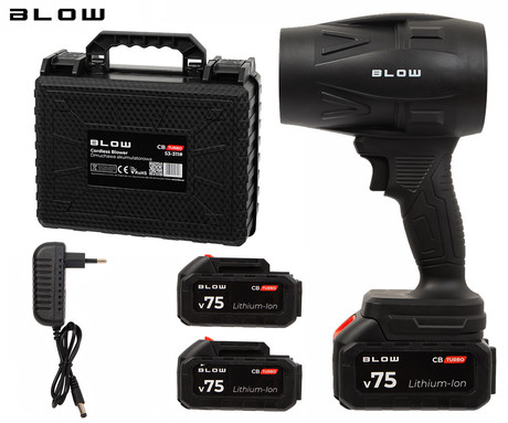 BLOW CB TURBO akumulatorski brezžični puhalnik / pihalnik, 1000W moč, 130.000RPM motor, 2x 50.4Wh 21V 2.4Ah polnilna baterija, univerzalna uporaba, nastavljiv pretok zraka, ABS, +dodatna oprema, črn