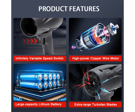 BLOW CB TURBO akumulatorski brezžični puhalnik / pihalnik, 1000W moč, 130.000RPM motor, 2x 50.4Wh 21V 2.4Ah polnilna baterija, univerzalna uporaba, nastavljiv pretok zraka, ABS, +dodatna oprema, črn