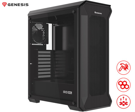 GENESIS IRID 505 V2 računalniško ohišje, Midi Tower, 2x ventilator, AIO LC do 360mm, GPU do 380mm, CPU Cooler do 165mm, MESH plošča, kaljeno steklo, filtri proti prahu, 447x220x510mm, črno