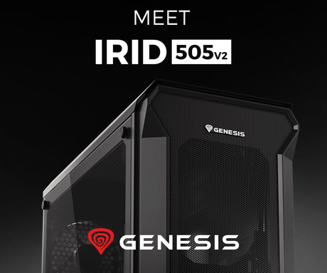 GENESIS IRID 505 V2 računalniško ohišje, Midi Tower, 2x ventilator, AIO LC do 360mm, GPU do 380mm, CPU Cooler do 165mm, MESH plošča, kaljeno steklo, filtri proti prahu, 447x220x510mm, črno