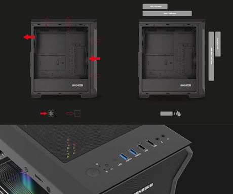 GENESIS IRID 505 V2 računalniško ohišje, Midi Tower, 2x ventilator, AIO LC do 360mm, GPU do 380mm, CPU Cooler do 165mm, MESH plošča, kaljeno steklo, filtri proti prahu, 447x220x510mm, črno