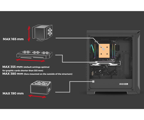 GENESIS IRID 505 V2 računalniško ohišje, Midi Tower, 2x ventilator, AIO LC do 360mm, GPU do 380mm, CPU Cooler do 165mm, MESH plošča, kaljeno steklo, filtri proti prahu, 447x220x510mm, črno