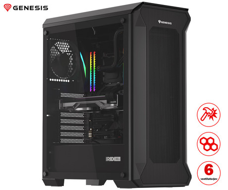 GENESIS IRID 505 ARGB V2 računalniško ohišje, Midi Tower, 4x ventilator, AIO LC do 360mm, GPU do 380mm, CPU Cooler do 165mm, MESH plošča, kaljeno steklo, ARGB LED osvetlitev, 447x220x510mm, črno