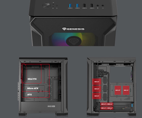 GENESIS IRID 505 ARGB V2 računalniško ohišje, Midi Tower, 4x ventilator, AIO LC do 360mm, GPU do 380mm, CPU Cooler do 165mm, MESH plošča, kaljeno steklo, ARGB LED osvetlitev, 447x220x510mm, črno