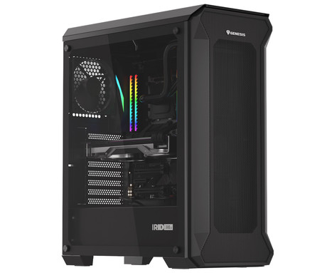 GENESIS IRID 505 ARGB V2 računalniško ohišje, Midi Tower, 4x ventilator, AIO LC do 360mm, GPU do 380mm, CPU Cooler do 165mm, MESH plošča, kaljeno steklo, ARGB LED osvetlitev, 447x220x510mm, črno