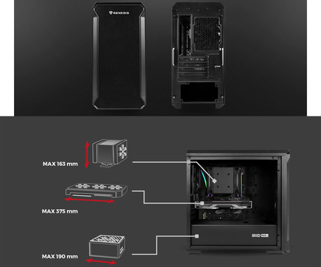 GENESIS IRID 503 V2 računalniško ohišje, Mini Tower, 2x ventilator, AIO LC do 280mm, GPU do 375mm, CPU Cooler do 163mm, MESH plošča, kaljeno steklo, filtri proti prahu, 430x210x430mm, črno