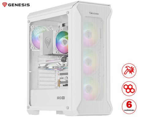 GENESIS IRID 505 ARGB V2 računalniško ohišje, Midi Tower, 4x ventilator, AIO LC do 360mm, GPU do 380mm, CPU Cooler do 165mm, MESH plošča, kaljeno steklo, ARGB LED osvetlitev, 447x220x510mm, belo