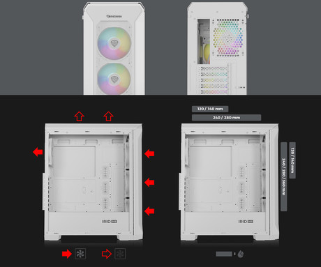 GENESIS IRID 505 ARGB V2 računalniško ohišje, Midi Tower, 4x ventilator, AIO LC do 360mm, GPU do 380mm, CPU Cooler do 165mm, MESH plošča, kaljeno steklo, ARGB LED osvetlitev, 447x220x510mm, belo