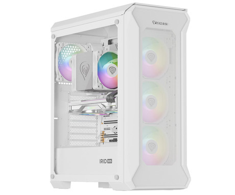 GENESIS IRID 505 ARGB V2 računalniško ohišje, Midi Tower, 4x ventilator, AIO LC do 360mm, GPU do 380mm, CPU Cooler do 165mm, MESH plošča, kaljeno steklo, ARGB LED osvetlitev, 447x220x510mm, belo