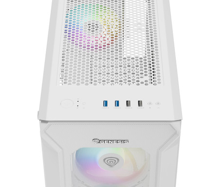 GENESIS IRID 505 ARGB V2 računalniško ohišje, Midi Tower, 4x ventilator, AIO LC do 360mm, GPU do 380mm, CPU Cooler do 165mm, MESH plošča, kaljeno steklo, ARGB LED osvetlitev, 447x220x510mm, belo