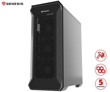GENESIS IRID 505F računalniško ohišje, Midi Tower, 5x ventilator, AIO LC do 360mm, GPU do 380mm, CPU Cooler do 165mm, MESH plošča, kaljeno steklo, filtri proti prahu, 447x220x510mm, črno