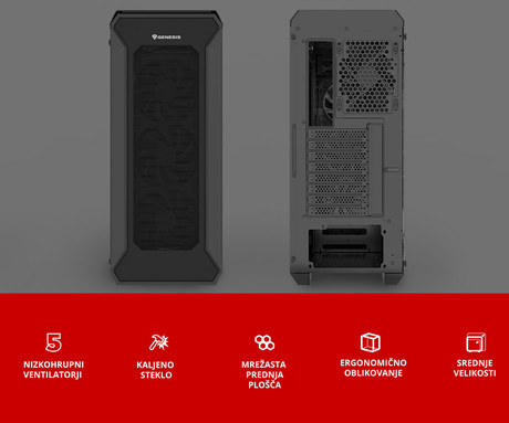 GENESIS IRID 505F računalniško ohišje, Midi Tower, 5x ventilator, AIO LC do 360mm, GPU do 380mm, CPU Cooler do 165mm, MESH plošča, kaljeno steklo, filtri proti prahu, 447x220x510mm, črno