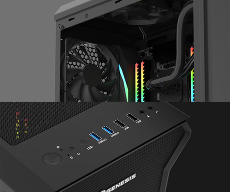 GENESIS IRID 505F računalniško ohišje, Midi Tower, 5x ventilator, AIO LC do 360mm, GPU do 380mm, CPU Cooler do 165mm, MESH plošča, kaljeno steklo, filtri proti prahu, 447x220x510mm, črno