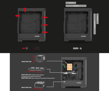 GENESIS IRID 505F računalniško ohišje, Midi Tower, 5x ventilator, AIO LC do 360mm, GPU do 380mm, CPU Cooler do 165mm, MESH plošča, kaljeno steklo, filtri proti prahu, 447x220x510mm, črno