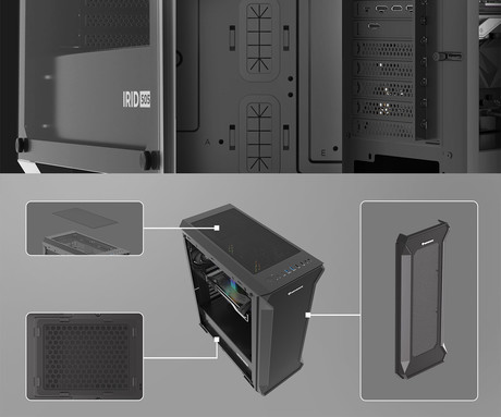 GENESIS IRID 505F računalniško ohišje, Midi Tower, 5x ventilator, AIO LC do 360mm, GPU do 380mm, CPU Cooler do 165mm, MESH plošča, kaljeno steklo, filtri proti prahu, 447x220x510mm, črno