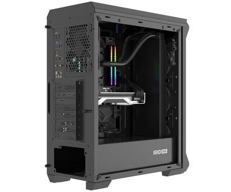 GENESIS IRID 505F računalniško ohišje, Midi Tower, 5x ventilator, AIO LC do 360mm, GPU do 380mm, CPU Cooler do 165mm, MESH plošča, kaljeno steklo, filtri proti prahu, 447x220x510mm, črno