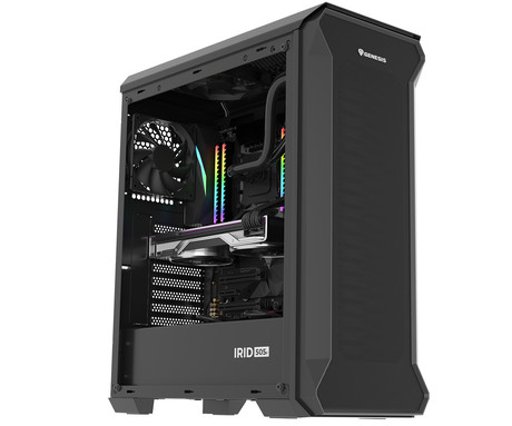 GENESIS IRID 505F računalniško ohišje, Midi Tower, 5x ventilator, AIO LC do 360mm, GPU do 380mm, CPU Cooler do 165mm, MESH plošča, kaljeno steklo, filtri proti prahu, 447x220x510mm, črno