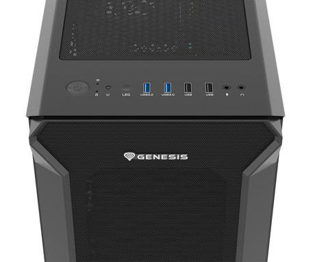 GENESIS IRID 505F računalniško ohišje, Midi Tower, 5x ventilator, AIO LC do 360mm, GPU do 380mm, CPU Cooler do 165mm, MESH plošča, kaljeno steklo, filtri proti prahu, 447x220x510mm, črno
