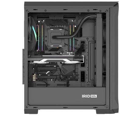 GENESIS IRID 505F računalniško ohišje, Midi Tower, 5x ventilator, AIO LC do 360mm, GPU do 380mm, CPU Cooler do 165mm, MESH plošča, kaljeno steklo, filtri proti prahu, 447x220x510mm, črno