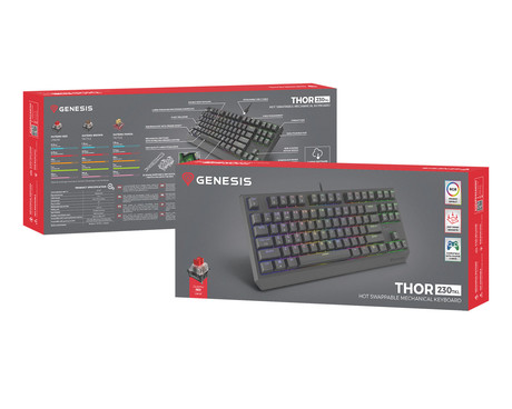GENESIS THOR 230 TKL gaming mehanska tipkovnica, žična, RGB LED osvetlitev, Hot-Swap tehnologija, Anti-Ghosting, Outemu Red stikala, spomin, programska oprema, Plug & Play, F1-F12, črna
