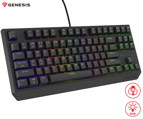 GENESIS THOR 230 TKL gaming mehanska tipkovnica, žična, RGB LED osvetlitev, Hot-Swap tehnologija, Anti-Ghosting, Outemu Red stikala, spomin, programska oprema, Plug & Play, F1-F12, črna